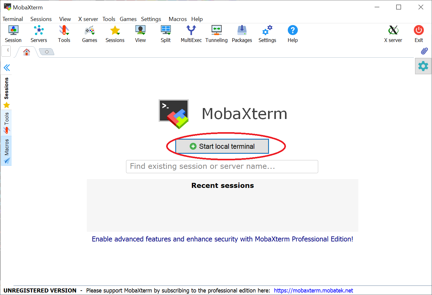 MobaXterm: Button "Start local terminal"